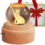 ショッピングオルゴール ギフトボックス オルゴール 誕生日プレゼント 猫 クリスタル ボール 間接照明 LEDライト USB充電式 投影機能 木製土台
