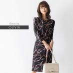 ショッピングワンピース 夏 ワンピース オリヴィア ストレート エタニティー ロゼノワール op109-0009 タイトワンピース ジャージー ワンピース タイト 七分袖 膝丈 幾何学 春 夏 秋 冬