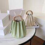 4color プリーツバッグ ウッド調 リングハンドル レディース 手持ち 肩掛け 斜め掛け 2way バッグ バケツ型 プリーツ サークル ハンドル リング ウッド