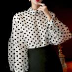 ショッピング水玉 レディース トップス シャツ ブラウス 水玉パフスリーブシャツ ドットオーガンジーブラウス ドット ドット柄 水玉 長袖 袖あり 襟付きパフスリーブ