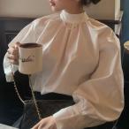 レディース ハイネックギャザーブラウス スタンドカラー ブラウス パフスリーブ バルーンスリーブ ギャザーブラウス 長袖 ハイネック