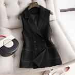 レディース トップス ジレ ジレベスト ロングジレ テーラードジレ ダブルスティッチ ダブルボタン ポケット 羽織り 前開き 無地 袖なし