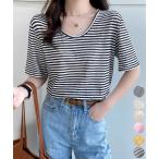 ボーダー柄Tシャツ Vネックカットソー夏【在庫限り】売り尽くしセール【ネコポス投函】