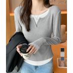 レイヤード風Tシャツ スリットネック秋服【ネコポス投函】
