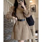 ベルト付きニットワンピースウエストマーク