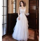 ウェディングドレス Aライン ロングドレス 結婚式 二次会 ドレス 花嫁 チュール キャミソール レース フリル 肩リボン 大きいサイズ 3L4L