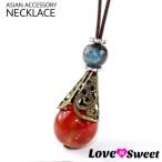 雫モチーフ 陶器製ビーズの紐ネックレス　レッド