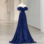 カラードレス ブルー スパンコール ロングドレス 結婚式 二次会 発表会 演奏会 ウェディングドレス ウエディングドレス 前撮り オフショルダー スレンダードレス