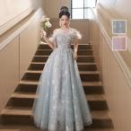 カラードレス ロングドレス ブルー ピンク Aラインドレス 結婚式 二次会 発表会 演奏会 ウェディングドレス ウエディングドレス フェザー イブニングドレス