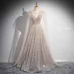 カラードレス Aラインドレス ロングドレス シャンパン スパンコール 袖なし ウェディングドレス 結婚式 二次会 花嫁 前撮り 演奏会 発表会 ステージ衣装