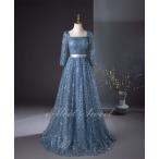 カラードレス Aラインドレス ブルー 青 袖付き スクエアネック ロングドレス ウェディングドレス 結婚式 二次会 花嫁 前撮り 演奏会 発表会 ステージ衣装