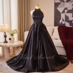 カラードレス ブラック サテン バックレス ホルターネック演奏会 発表会 二次会 花嫁 ウエディング ウェディングドレス ノースリーブ 黒 ノースリーブ Aライン