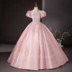 ショッピングコンクール カラードレス ピンク パフスリーブ 可愛い 演奏会 発表会 二次会 花嫁 ウエディングドレス ウェディングドレス ロングドレス 前撮り Aライン プリンセスドレス