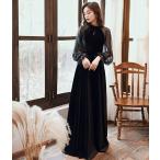 ショッピングコンクール カラードレス パーティードレス 演奏会 発表会 イブニングドレス フォーマルドレス カクテルドレス コンサート コンクール ブラック ベルベット 長袖 ファスナー