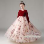キッズ ドレス 子供ドレス 赤 長袖 花柄 ワンピース 女の子 ピアノ 発表会 フォーマル 子どもドレス ガールズ イベント 舞台 演出 ステージ衣装 お姫様 卒園式