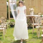 ウェディングドレス 二次会 結婚式 披露宴 ブライダル 半袖 総レース ロングドレス 花嫁 ウエディングドレス Aライン オフホワイト ファスナー リゾート 前撮り