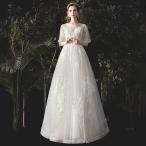 ウェディングドレス 二次会 結婚式 披露宴 ブライダル ロングドレス 花嫁 パフスリーブ ウエディングドレス Aライン オフホワイト 編み上げ サイズオーダー
