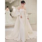 ウェディングドレス ウエディングドレス 二次会 結婚式 前撮り ブライダル ロングドレス 花嫁 オフショルダー 白 マーメイドドレス サテン ビスチェ 袖付き 長袖