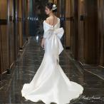 ウェディングドレス ウエディングドレス ロングドレス 二次会 結婚式 前撮り ブライダル 花嫁 サテン オフショルダー 後ろリボン アシンメトリー