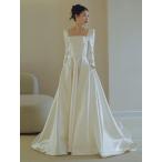 ウェディングドレス ロングドレス Aラインドレス 長袖 サテン スクエアネック ファスナー 二次会 結婚式 前撮り ブライダル 花嫁 ウエディングドレス