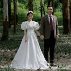 ウェディングドレス ロングドレス Aラインドレス パフスリーブ Vネック レトロ調 編み上げ 二次会 結婚式 前撮り ブライダル 花嫁 ウエディングドレス
