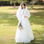 ウェディングドレス ロングドレス Aラインドレス チュール サテン 切替 長袖 ハイネック 二次会 結婚式 前撮り ブライダル 花嫁 ウエディングドレス