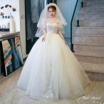 ウェディングドレス ロングドレス プリンセスラインドレス 半袖 パフスリーブ 二次会 結婚式 前撮り 花嫁 ウエディングドレス チュール 海外挙式 ブライダル