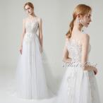 ウェディングドレス 花モチーフ Aラインドレス レース くるみボタン ビーチフォト シースルー チュール 袖なし 花嫁 結婚式 二次会 前撮り ブライダル