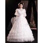 ショッピングドレス ウエディングドレス Aラインドレス レース フリル レトロ 昭和ドレス パフスリーブ 長袖 ハイネック 編み上げ 王道 正統派ドレス 前撮り ドレス