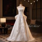 ウェディングドレス Aラインドレス サテン レース ベアトップ リボン 花嫁 結婚式 二次会 前撮り ドレス ブライダル ウエディングドレス オフホワイト