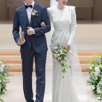 ウェディングドレス 二次会 結婚式 ブライダル サテン 長袖 ラウンドネック ロングドレス 前撮り 海外挙式 花嫁 ウエディングドレス シンプル 韓国風 スレンダー