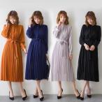 プリーツワンピース レディース 長袖 春物 ロングワンピース ミモレ丈ワンピース 無地 通勤 40代50代 フレアワンピース aラインワンピース お呼ばれ 卒業式