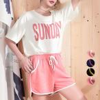 ルームウェア レディース ビッグロゴ 部屋着 春夏 セットアップ 半袖tシャツ 短パンウエストゴム 上下セット スウェット
