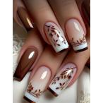 24 штук входит elegant . стильный Brown. короткий . квадратный ногти, утонченный Mini maru . Brown. French искусственные ногти, Brown. ветка . лист. принт,kli