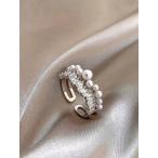 1 шт Mini ma список Schic циркон поддельный жемчуг 2 -слойный слой серебряное кольцо, балка sa плитка деликатный btik дизайн открытый кольцо, женщина. повседневный . кроме того, праздник праздник ..