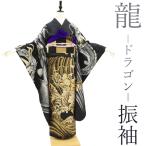 振袖 着物 金銀彩加工 龍 ドラゴン 総柄 黒 金銀 成人式 二十歳 洒落着にも 中古 仕立て上がり 身丈160 裄67 Mサイズ みやがわ sbs13871