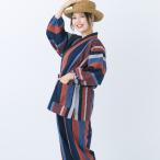 作務衣 新型 縞柄 大縞 小縞 ストライプ 女性 レディース 紺/赤 春夏秋冬 フリー/F 綿100% 日本製 宮田織物 パンツ両サイドポケット仕立て