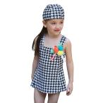 子供 水着 女の子 ワンピース スイムキャップ付き 2点セット ジュニア 90 100 110 120 130cm kids ガールズ 千鳥柄 コサージュ着脱可