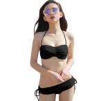 水着 レディース 水着 バンドゥ ビキニ 2点セット レース きれいめ 無地 シンプル 大人 セクシー キュート かわいい 肩ひも着脱 サッシュベルト風