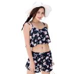 ビキニ 水着 レディース ショートパンツ 2点セット 人気 花柄 黒 白 フレア バックシャン 太もも お尻 カバーアップ 水着通販