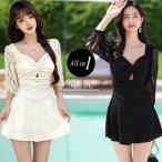 水着 ワンピース 体型カバー レディース 胸パッド付き オールインワン ペンタゴンネック 7分袖 シアー レース 黒 プラスサイズ水着 夏 海