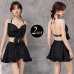 水着 体型カバー ビキニ レディース 2点セット セパレート キャミキニ リボン 2WAY シアー ホルターネック ワイヤーあり 黒 海 プール
