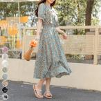 リゾートワンピース レディース サマードレス ロング マキシ丈ワンピース シフォン 春夏 半袖 花柄 ボウタイワンピース 薄手 フリル