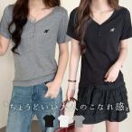 Tシャツ レディース 半袖 トップス Vネック カットソー リブ ヘンリーネック風 ロゴ 刺繍 ワンポイント セットインスリーブ 薄手 黒 白