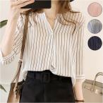 ブラウス 通販ブラウス 七分袖 レディース シャツ シャツブラウス レディースシャツ ポリエステル v ネック ワンボタン ストライプ ゆったり 体型カバー