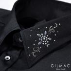 サテンシャツ 無地 日本製 レギュラーカラー 襟 花 ラインストーン 結婚式 ドレスシャツ メンズ(ブラック黒) 36740