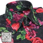 BLACK VARIA サテンシャツ ドレスシャツ ドゥエボットーニ 薔薇 花柄 ボタニカル レギュラーカラー ジャガード 日本製 パーティー メンズ(ブラック黒) 251102
