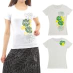 フラダンス レッスン フライス Tシャツ 半袖 タヒチアンモンステラ柄 白ボディ 緑&黄色プリント ネコポス対応可