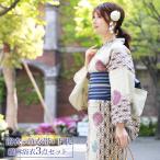 浴衣 レディース セット レトロ 高級変わり織り綿麻浴衣3点セット「生成り地に紫麻の葉と鞠」 古典柄 大人 20代 30代 40代 50代