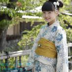 浴衣 セット ジュニア レディース 綿麻浴衣３点セット 「生成り地に桔梗と麻の葉」 Sサイズ 紺 白  浴衣セット 150cm 140cm ジュニア